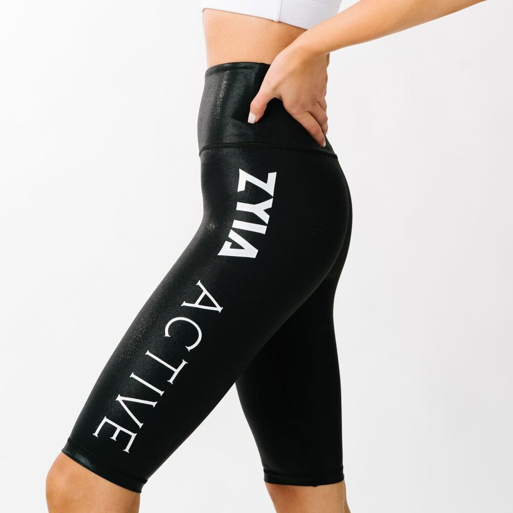 Zyia Women Plus Size Black Metallic ZYIA Light n Tight Hustle Shorts 10" #853